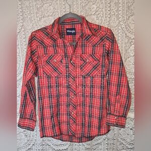 Wrangler BOYS Long Sleeve Red Plaid Pearl Snap Western Shirt Large